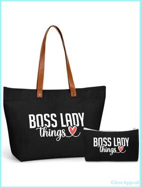 Boss Lady Canvas Tote Bag with Makeup Bag Zipper Large Gift for Women
